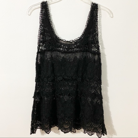 Solitaire 100% Cotton Lace Tulle Scoop Neck Sleeveless Blouse Scalloped Hem 🖤 - Picture 3 of 7